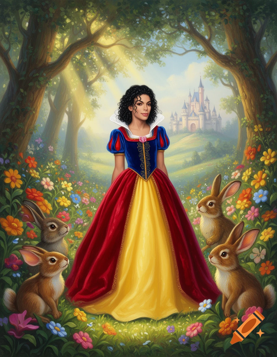 Illustrative portrait of Michael Jackson as Snow White in a vibrant forest with rabbits and a distant castle.