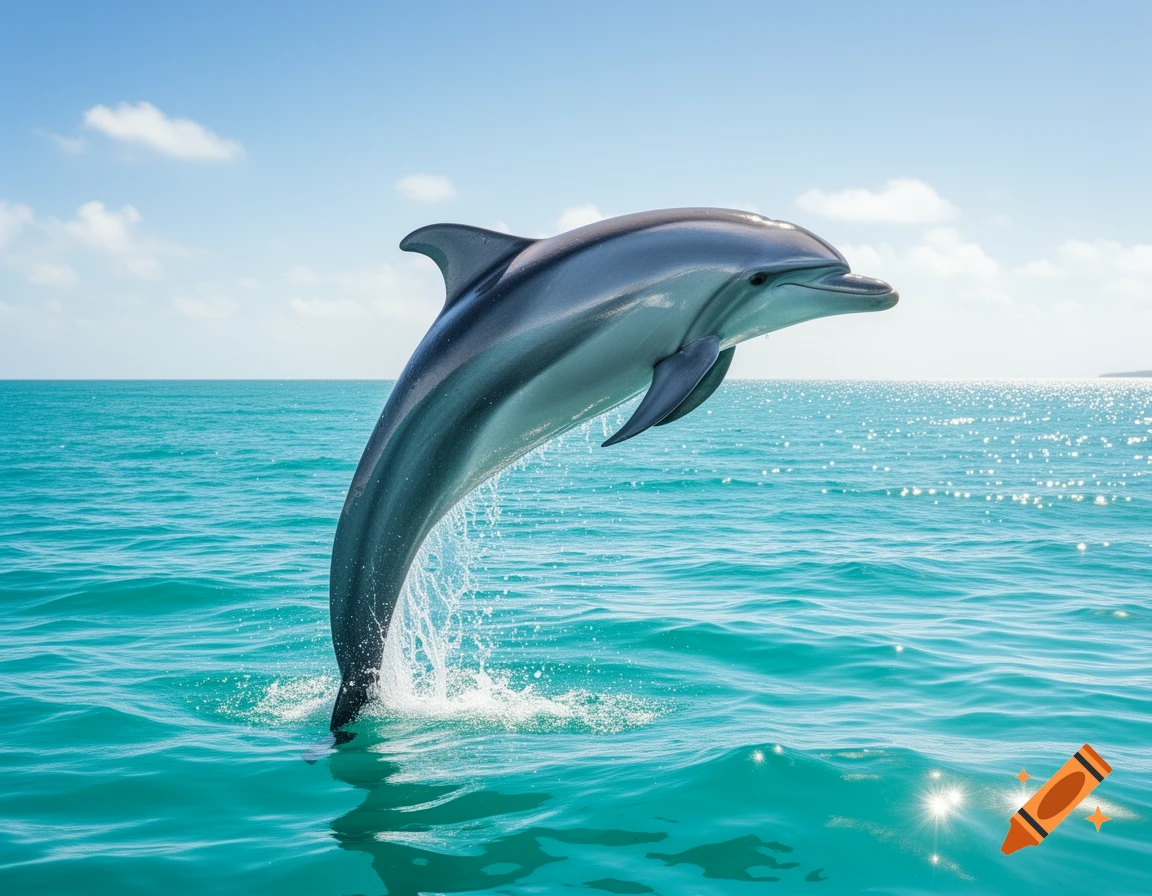 A photorealistic image of a dolphin leaping out of clear blue-green ocean water under a sunny sky.