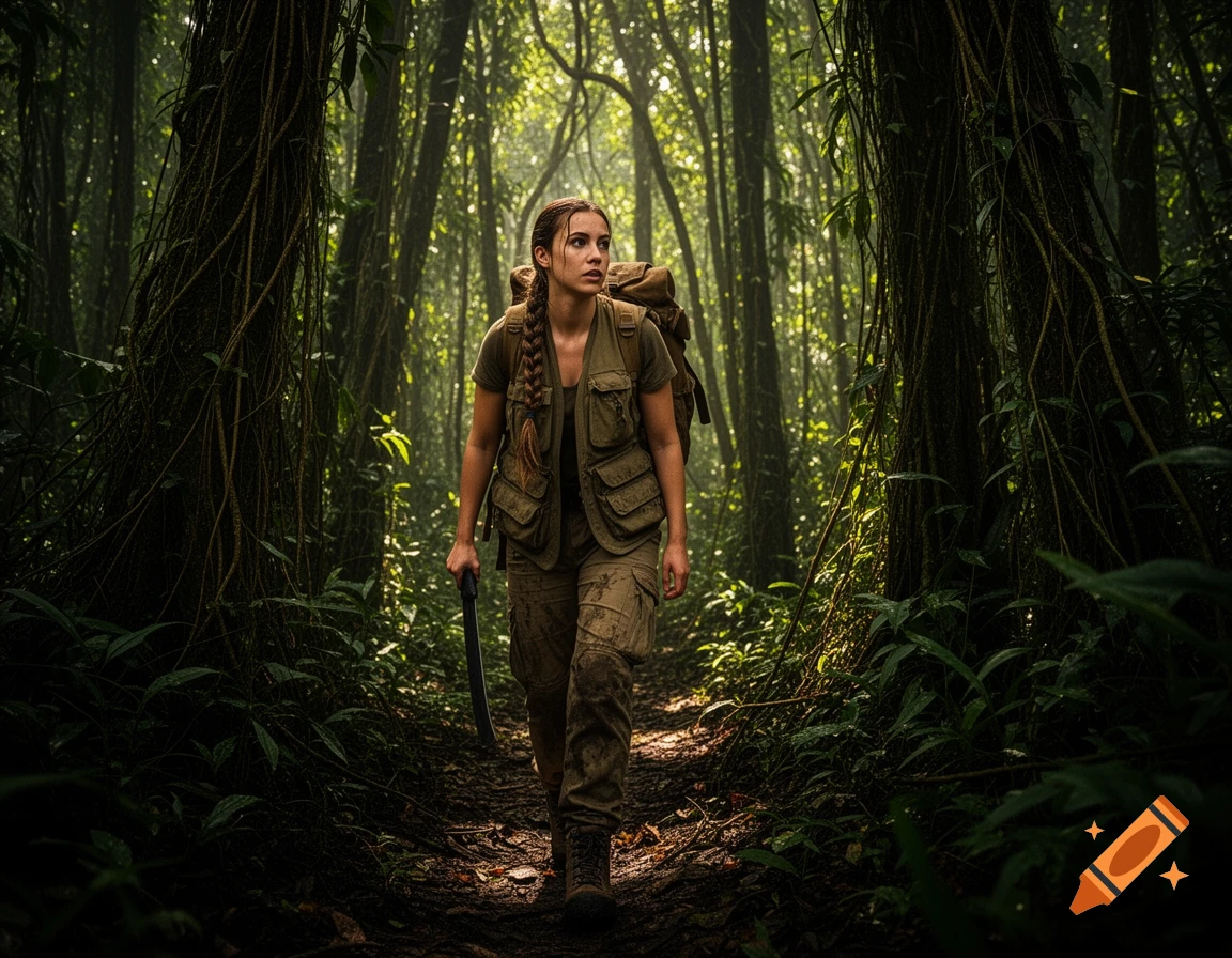 A photorealistic female explorer with a backpack and machete walks a path in a dense, sunlit jungle.