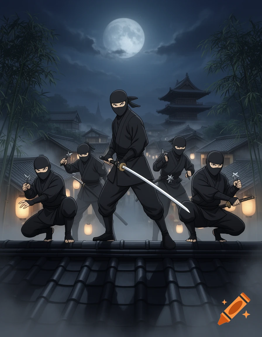 A group of anime ninjas poses on a rooftop in a traditional Japanese village at night under a full moon.