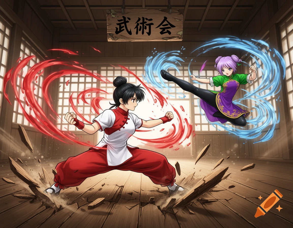 Anime illustration of two young female martial artists battling in a dojo, with red and blue energy, splintering floor, and a wooden sign.