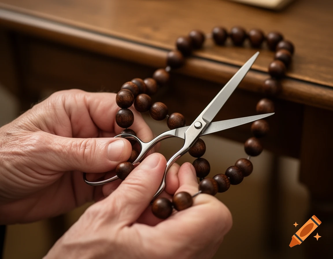 Close-up of hands holding small silver scissors positioned near dark wooden rosary beads on a wooden table.