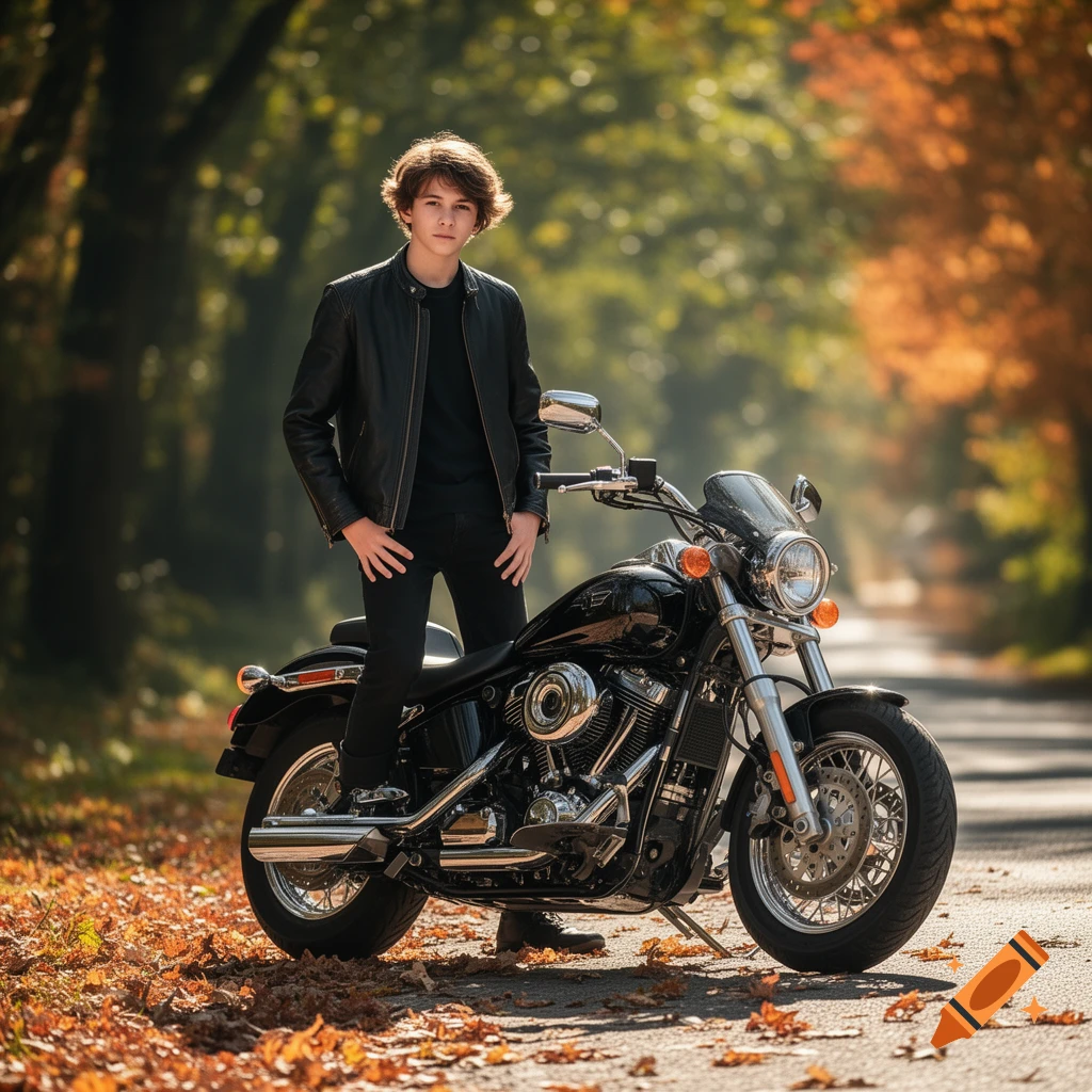 Young man in a black leather jacket standing next to a black motorcycle on an autumn road with fallen leaves.