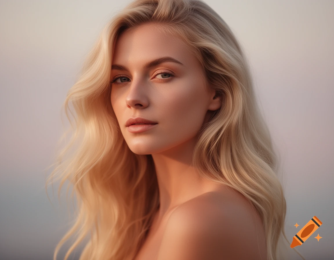 Photorealistic close-up portrait of a blonde woman with long wavy hair, looking forward with a gentle expression.