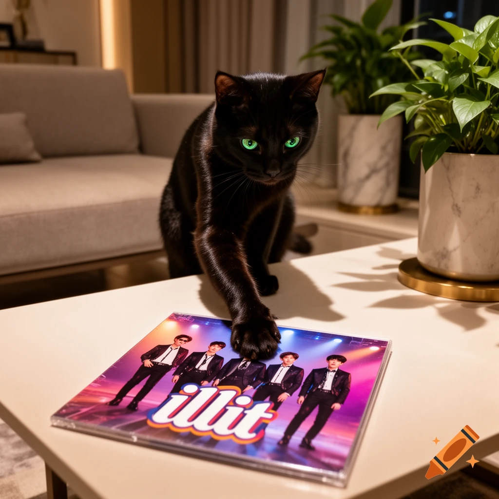 A black cat with glowing green eyes reaches its paw towards an "illit" K-pop album on a coffee table in a living room, photorealistic.