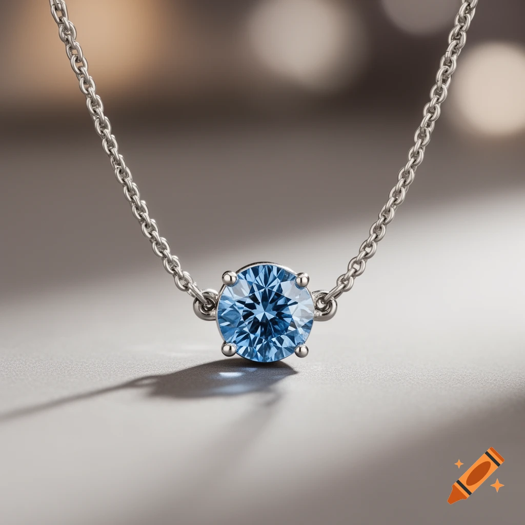 A close-up of a silver chain necklace with a round, light blue gemstone in a four-prong setting, casting a shadow.
