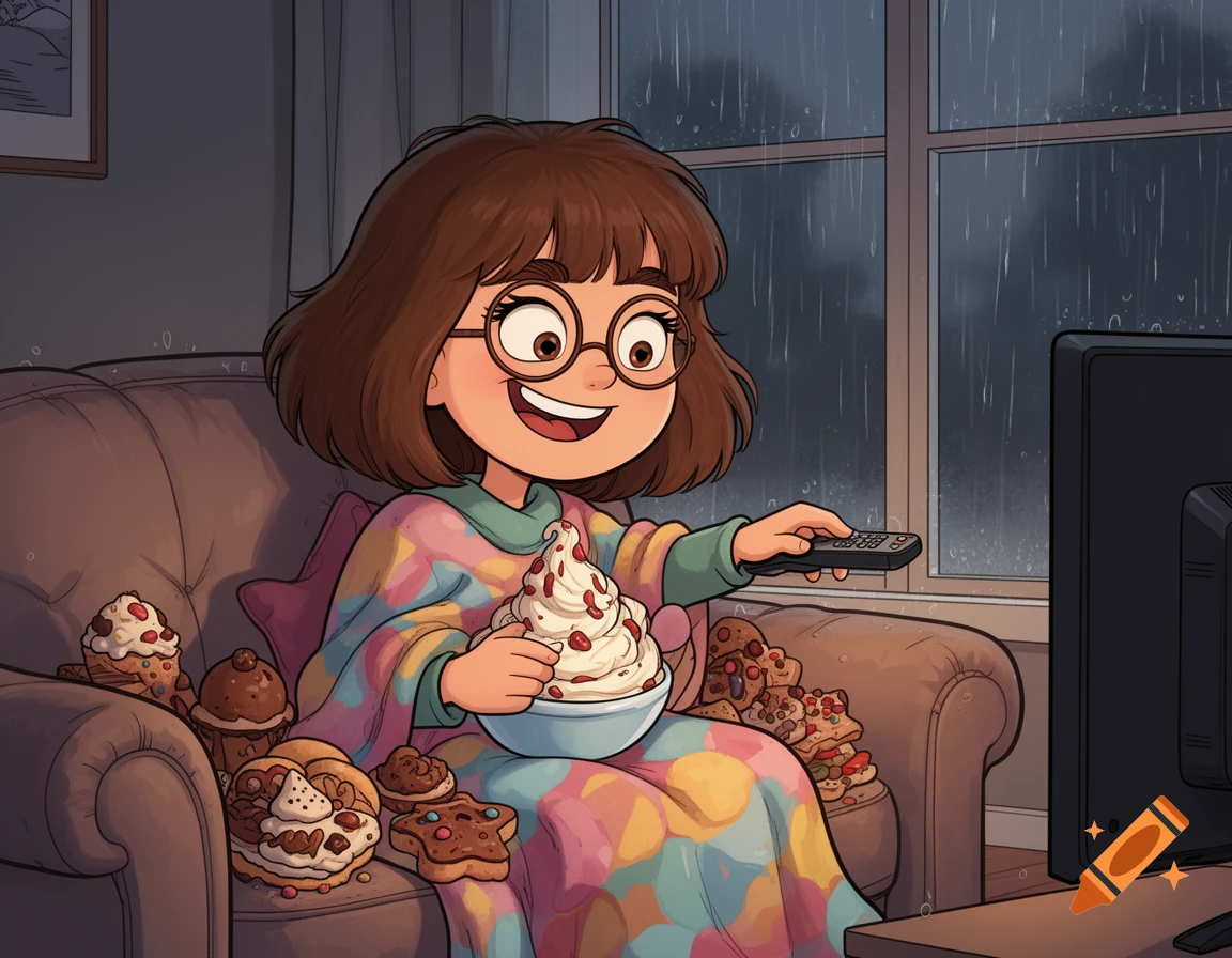 A happy cartoon girl sits on a sofa, eating ice cream and holding a TV remote, surrounded by sweets as rain falls outside.