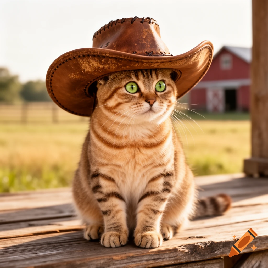 A photorealistic image of a striped cat with bright green eyes wearing a brown cowboy hat, sitting on a wooden surface with a barn in the background.