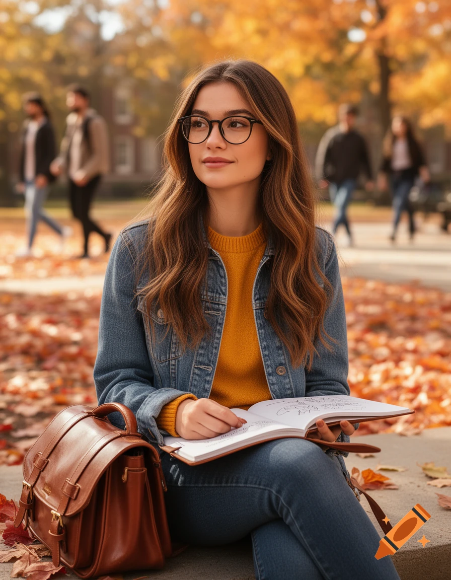 A trendy brunette college girl with glasses sits outdoors among autumn leaves, holding an open notebook, with a brown bag beside her.