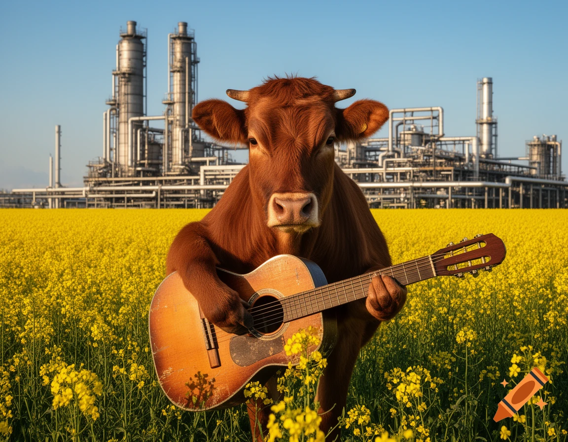 A photorealistic brown cow stands in a yellow rapeseed field, playing an acoustic guitar, with an industrial facility in the background.