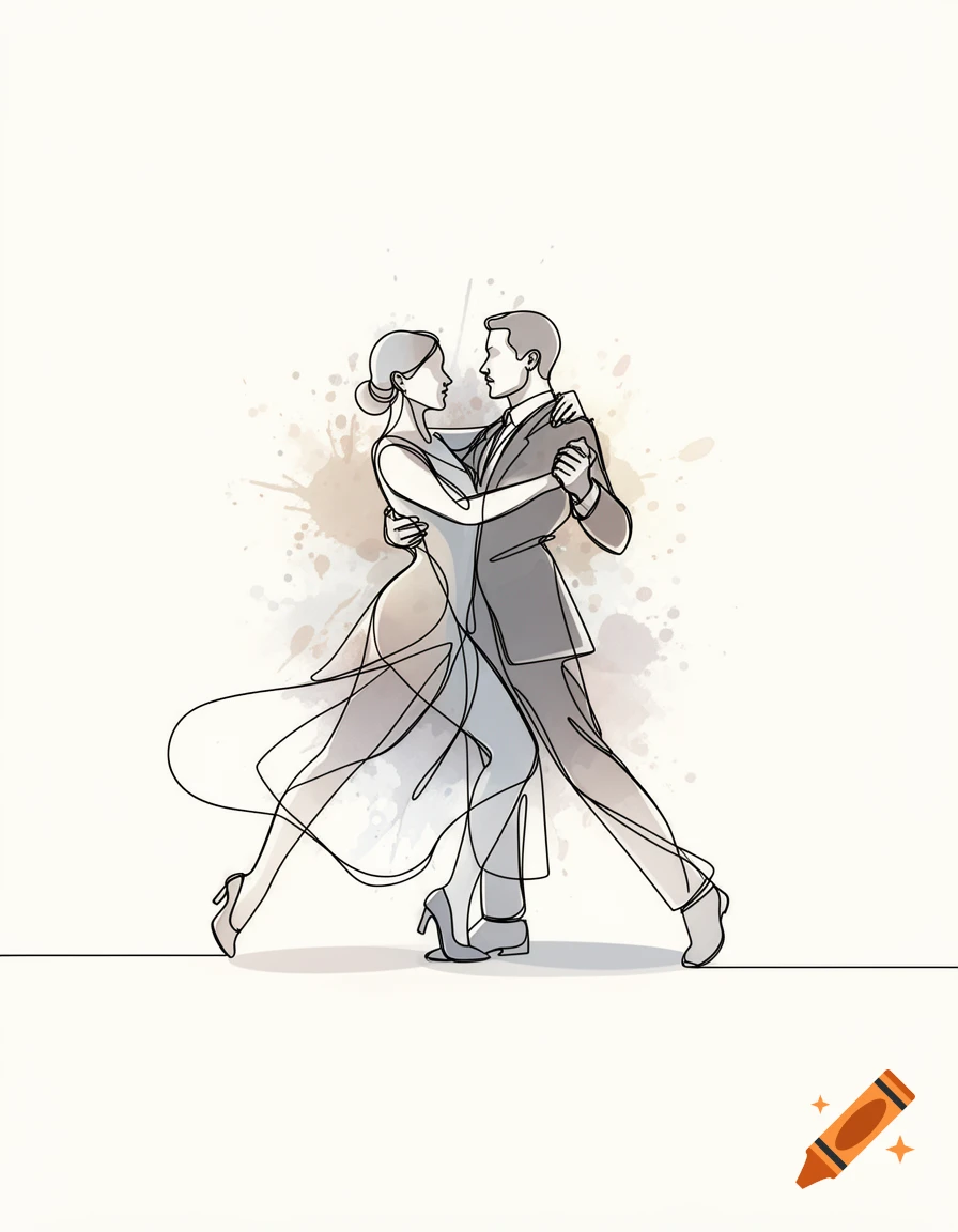 A minimalist one-line art illustration of a man and a woman dancing ballroom, with subtle watercolor splashes.