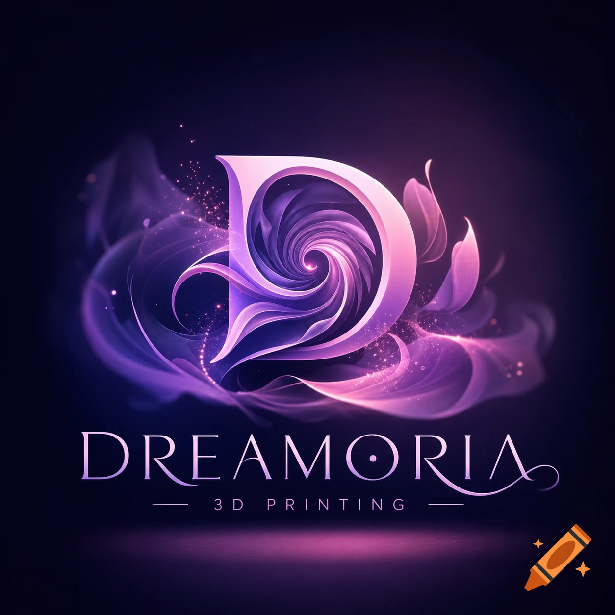 A vibrant, elegant logo featuring a stylized letter 'D' forming a spiral, surrounded by glowing purple and pink smoke, with 'DREAMORIA' and '3 D PRINTING' below on a dark background.