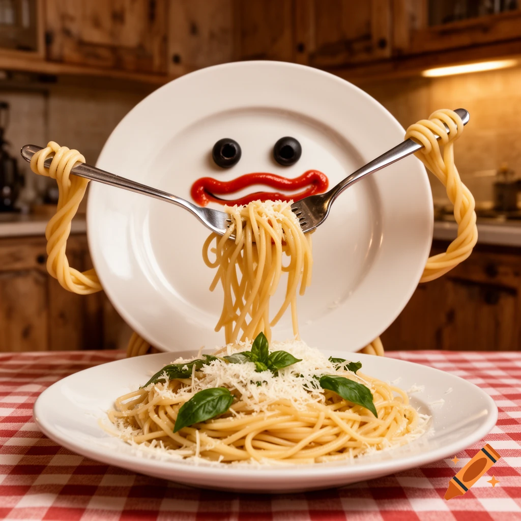 A whimsical white plate with olive eyes and a ketchup mouth, using spaghetti strands as arms to eat a bowl of spaghetti with cheese and basil, on a checkered tablecloth.