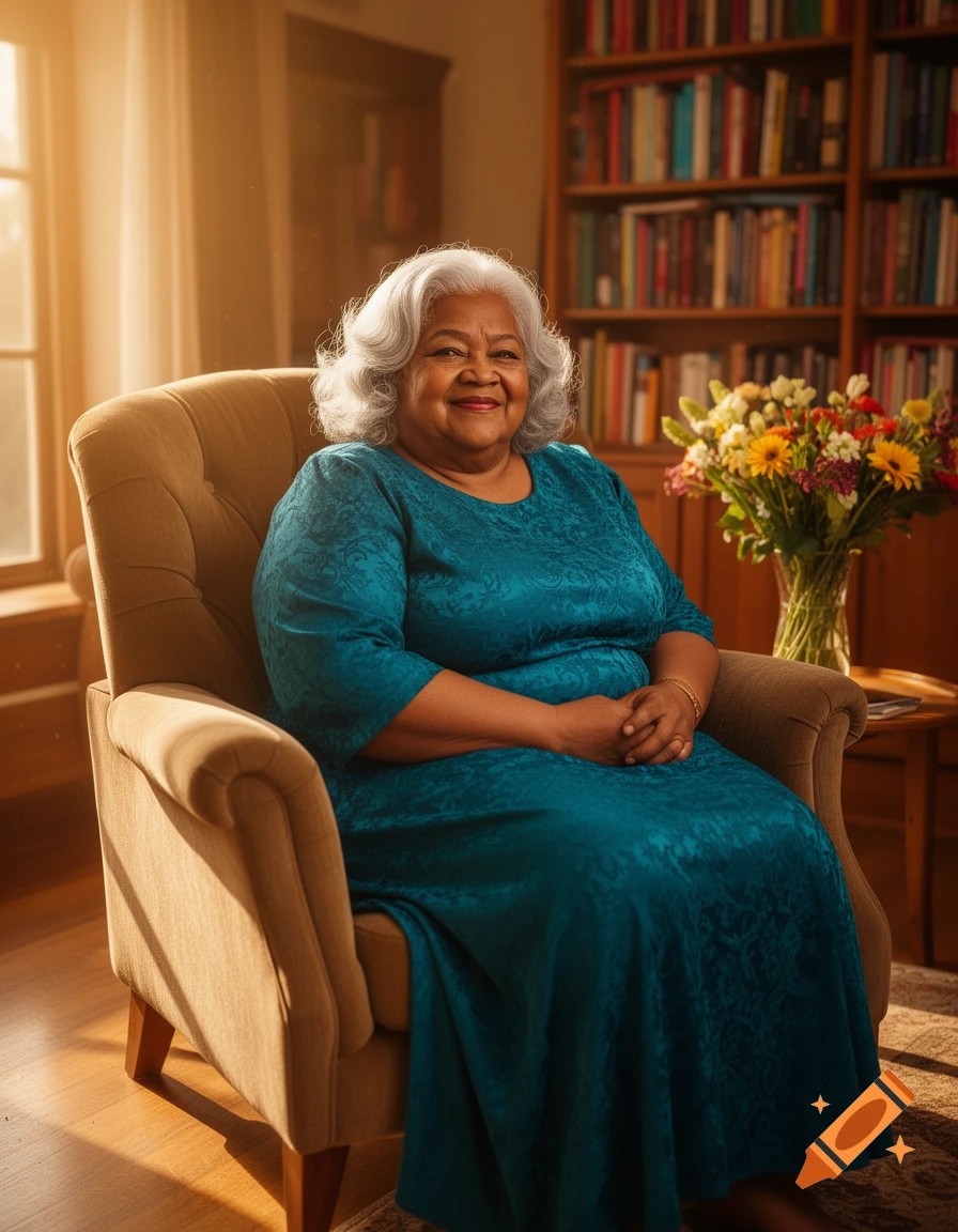 Photorealistic portrait of a smiling elderly woman with silver hair in an armchair by a window, bookshelf and flowers behind her.