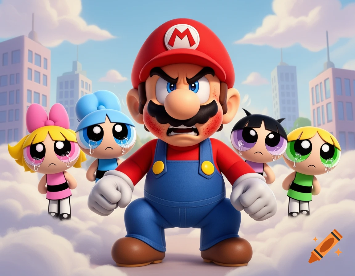 Angry Mario stands with four crying Powerpuff Girls in a cartoon city setting.