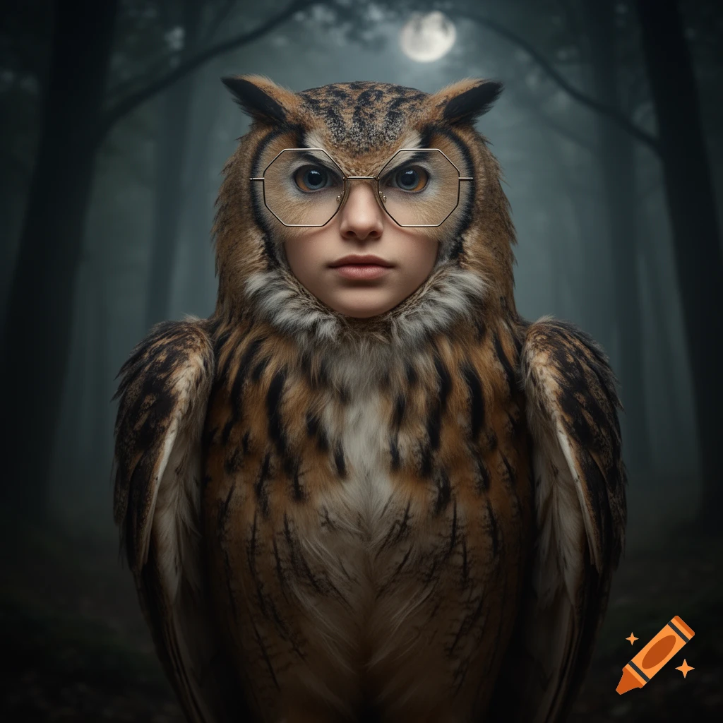 Photorealistic image of a human child's face wearing octagonal glasses on an owl's body in a dark, misty forest with a full moon.