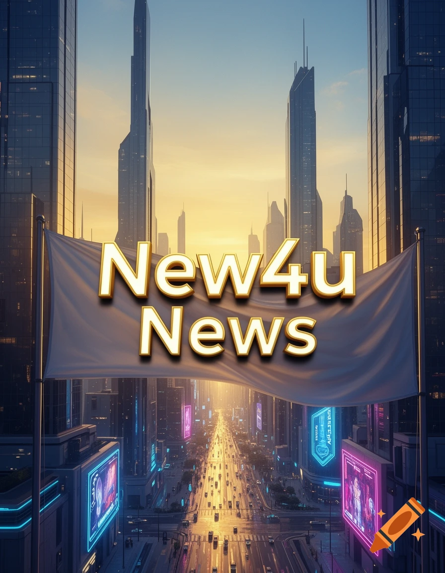 A futuristic cityscape at sunset with towering skyscrapers, a busy street, and a large banner reading 'New4u News'.
