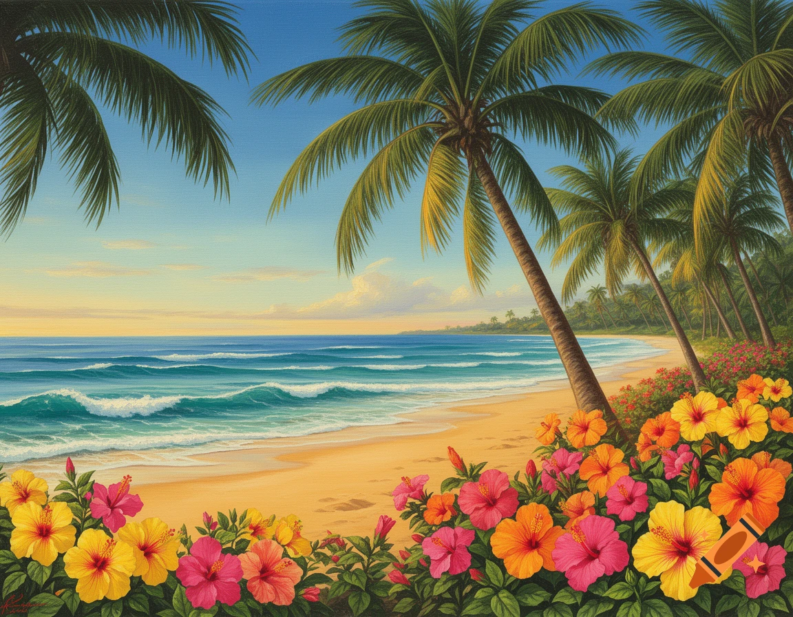 A vibrant painted tropical beach with palm trees, blue ocean waves, golden sand, and colorful yellow, pink, and orange hibiscus flowers in the foreground.