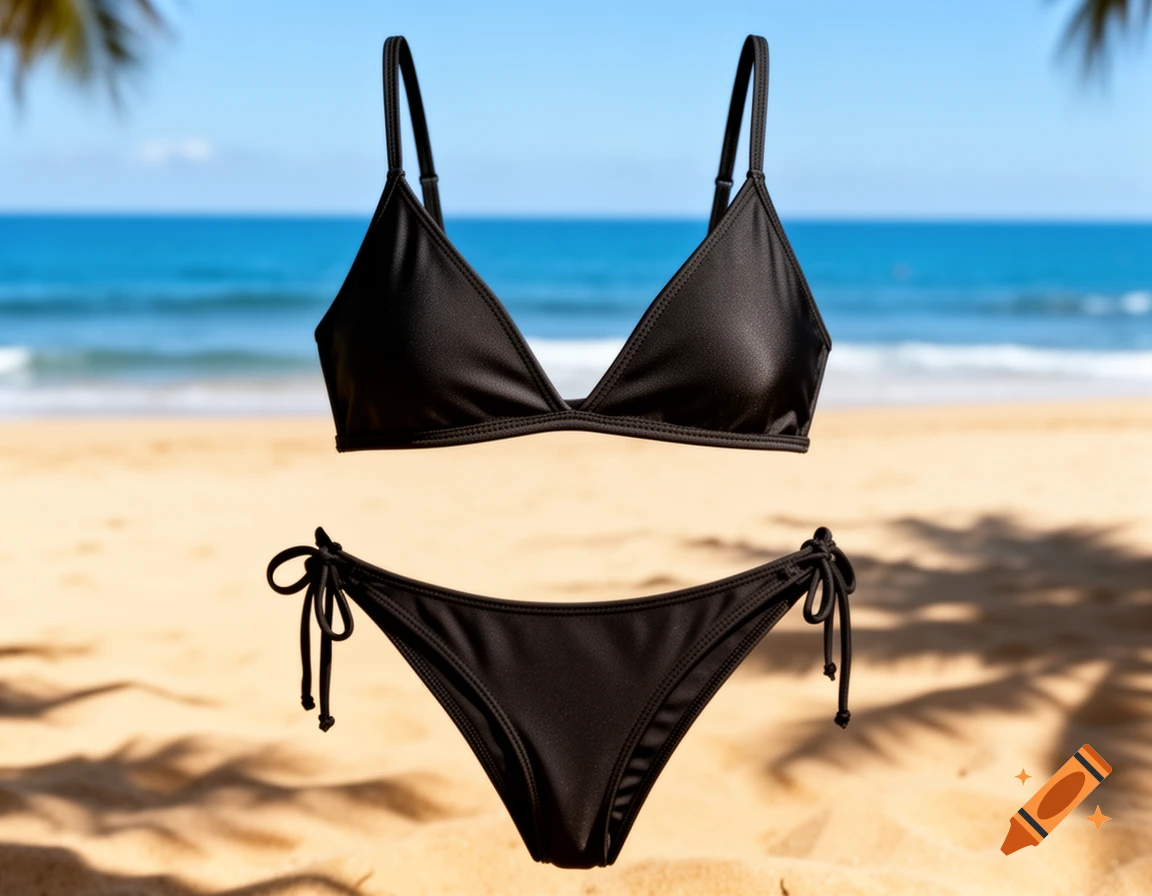 A black two-piece bikini set, featuring a triangle top and tie-side bottoms, against a sunny beach with blue ocean and palm tree shadows.