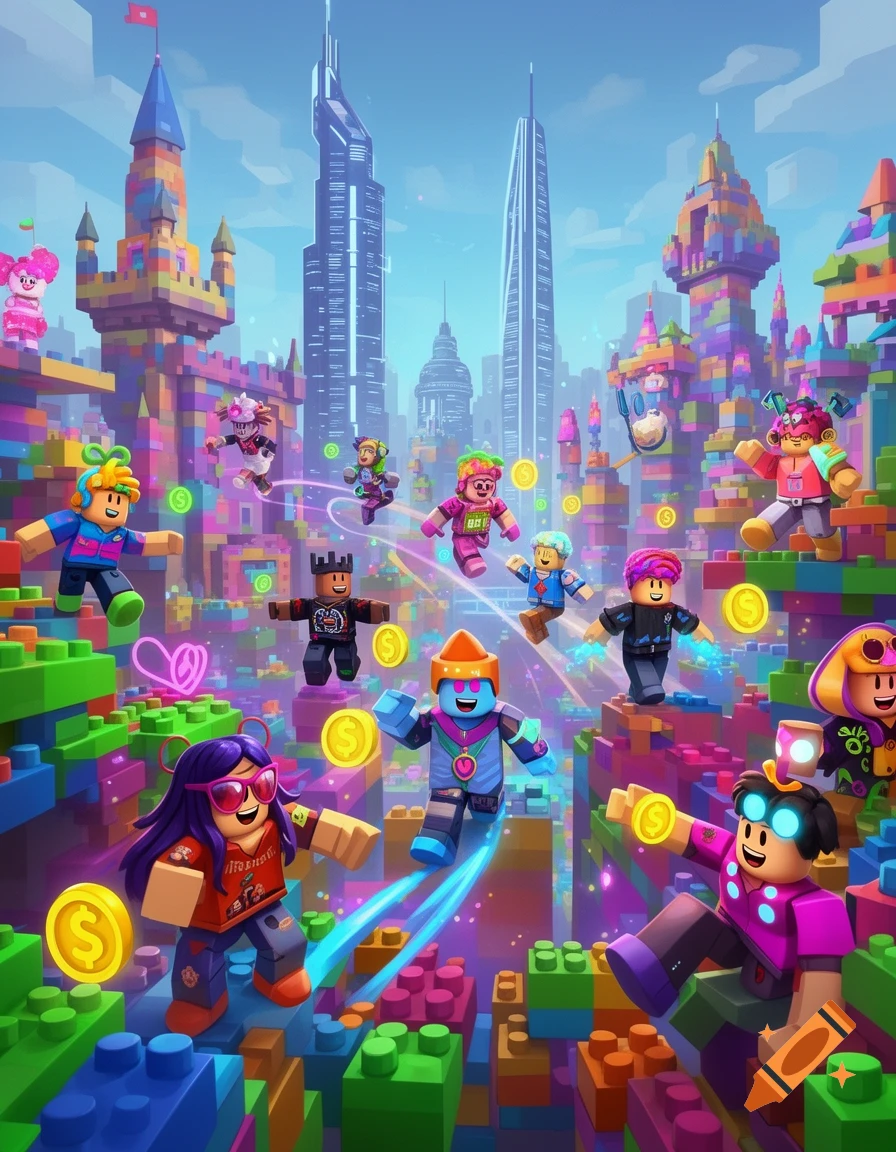 Vibrant, stylized 3D image of many Roblox-style characters running and flying in a colorful block-built city with futuristic skyscrapers, collecting coins.
