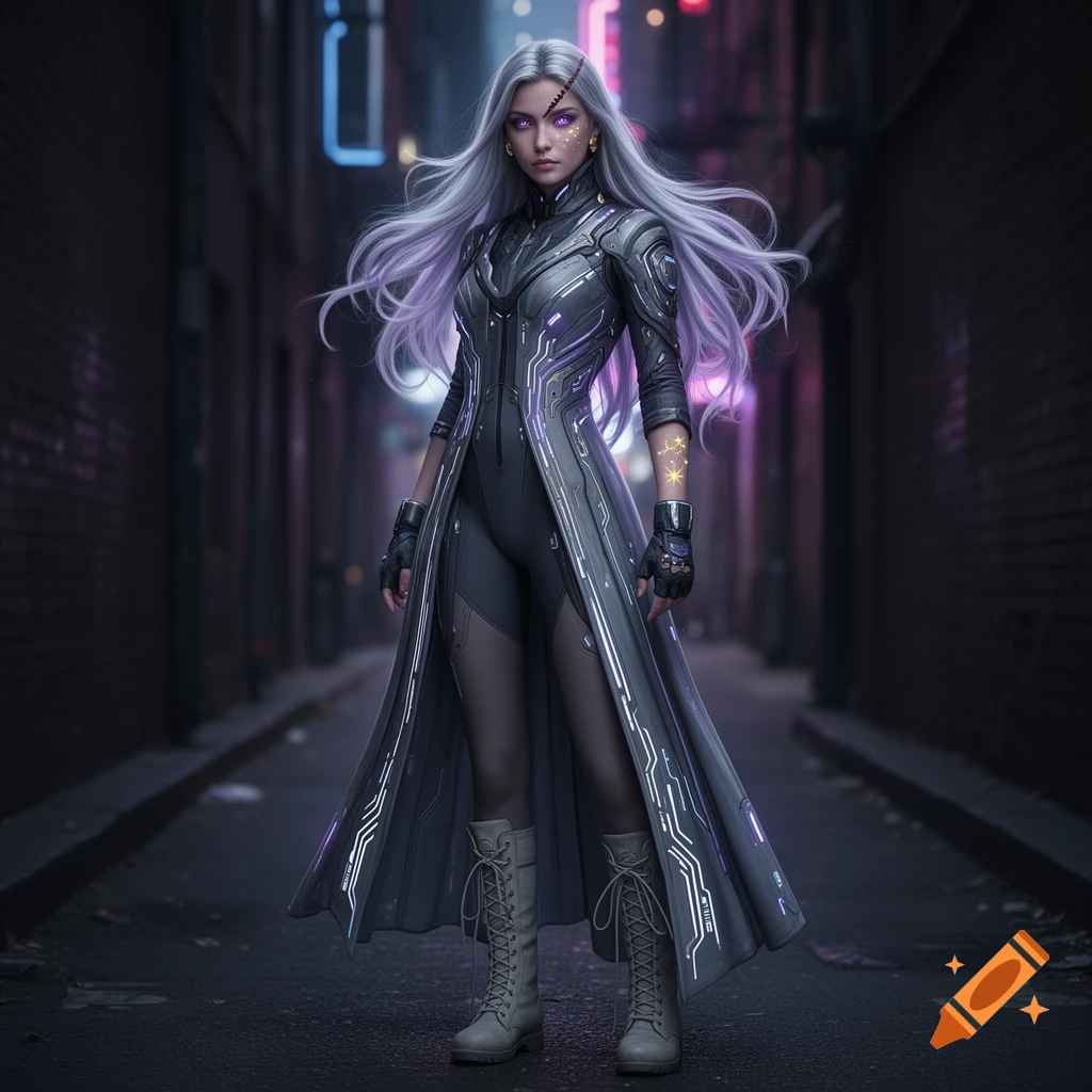 A woman with silver hair and violet eyes in a glowing futuristic coat stands in a dark alley with neon lights.