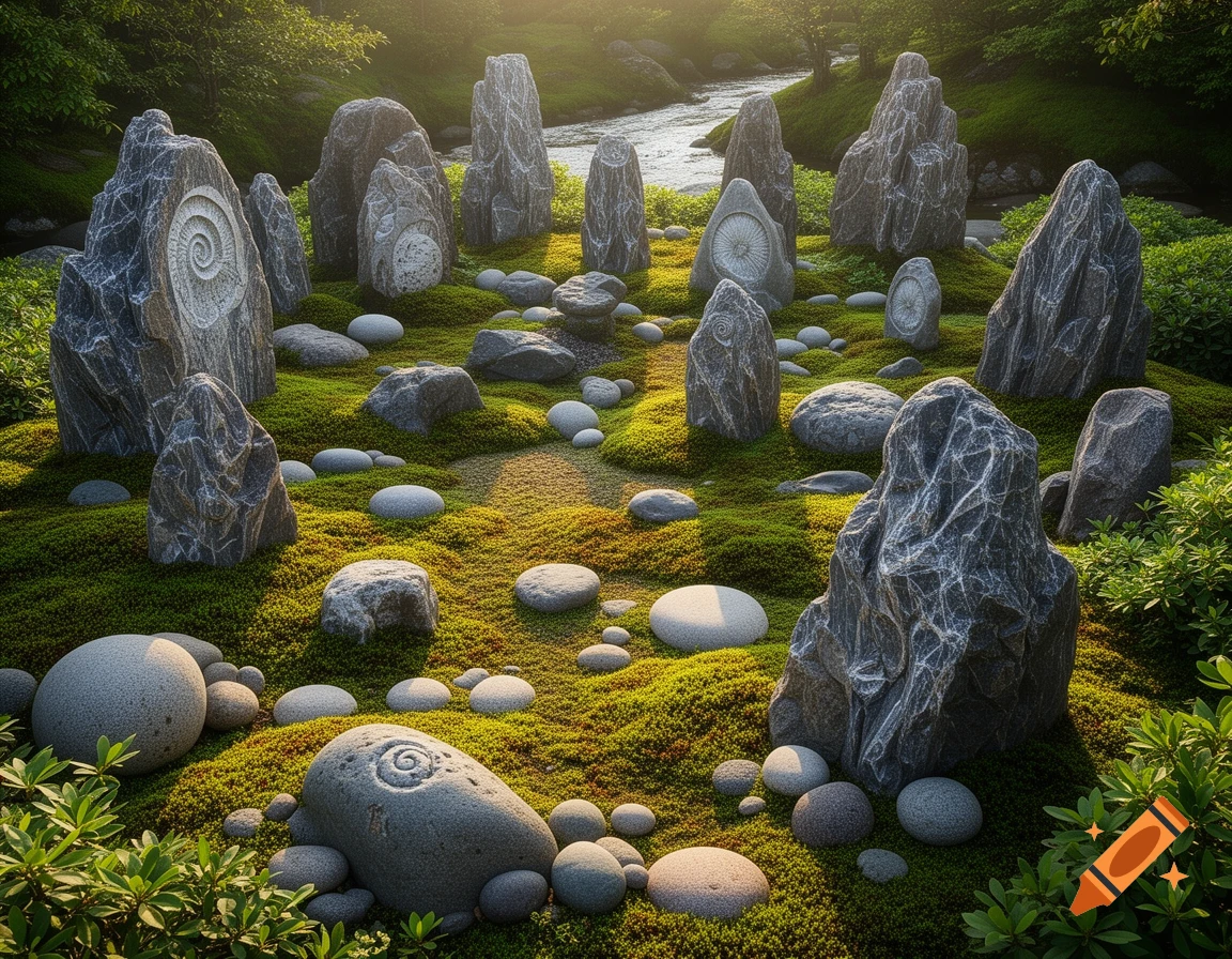 Photorealistic zen rock garden with diverse carved stones on mossy ground, a stream, and sunlight.