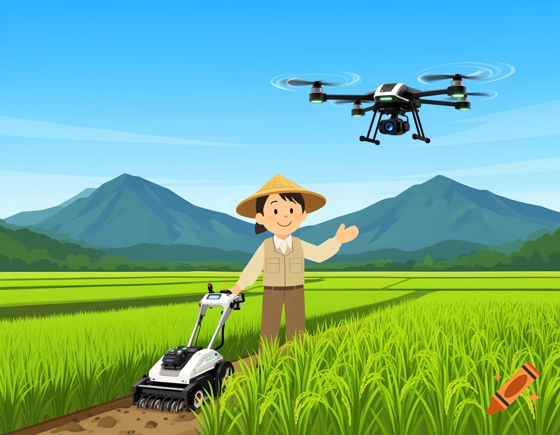 Friendly Japanese farmer with a robot grass cutter in a rice field, a drone flying above. Flat vector art.
