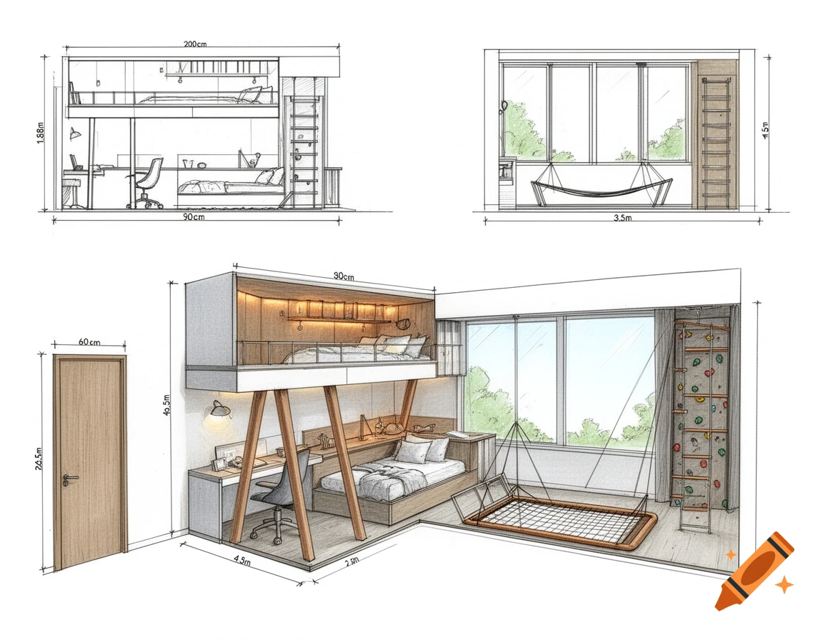 Hand-drawn architectural visualization of a luxury children's bedroom with a loft bed, desk, suspended net, and climbing wall, with dimensions labeled.