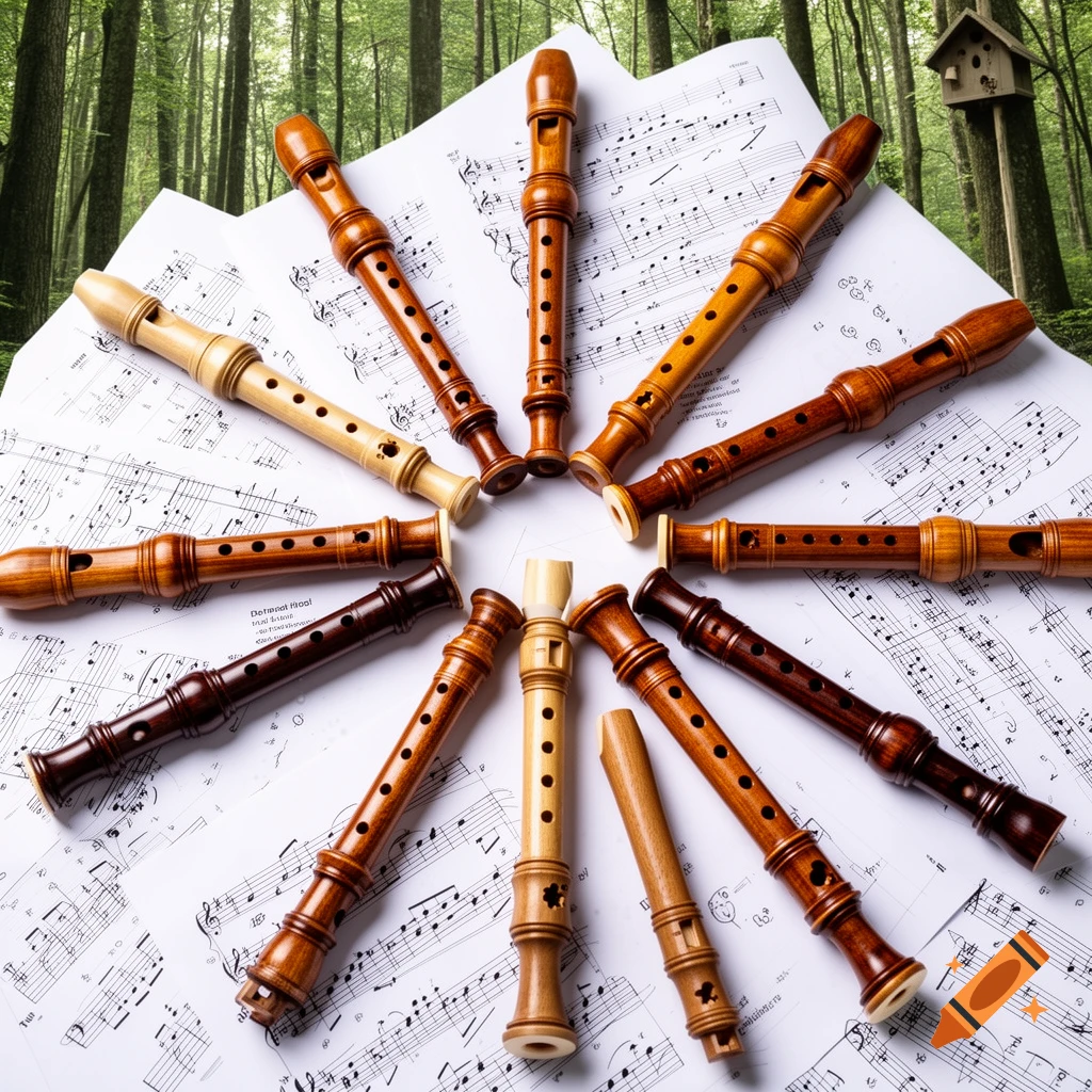 Wooden recorders of various sizes and colors arranged in a circle on white sheet music, set against a blurred forest background with a birdhouse.