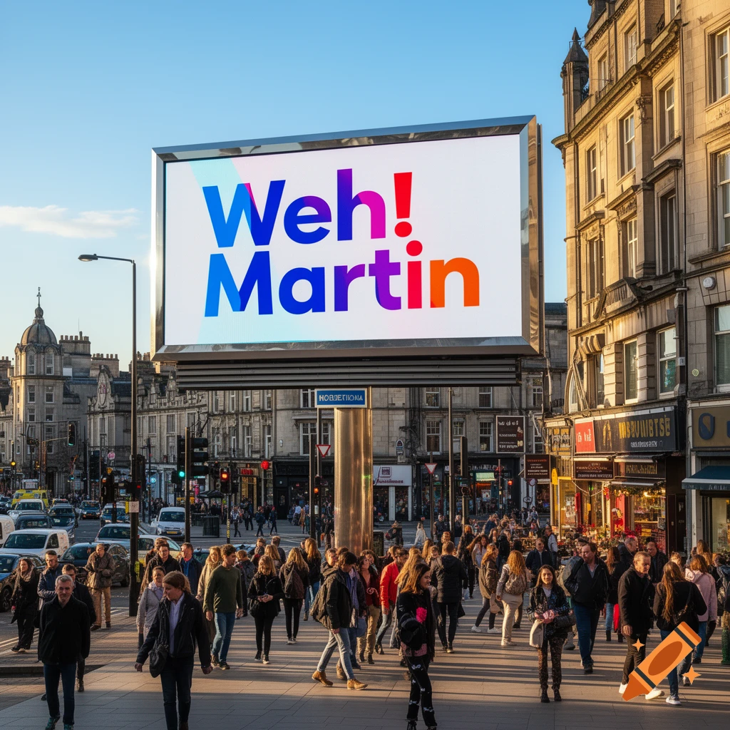 A bustling street scene with a large digital billboard displaying the text "Weh! Martin" in colorful letters, set against a clear blue sky.
