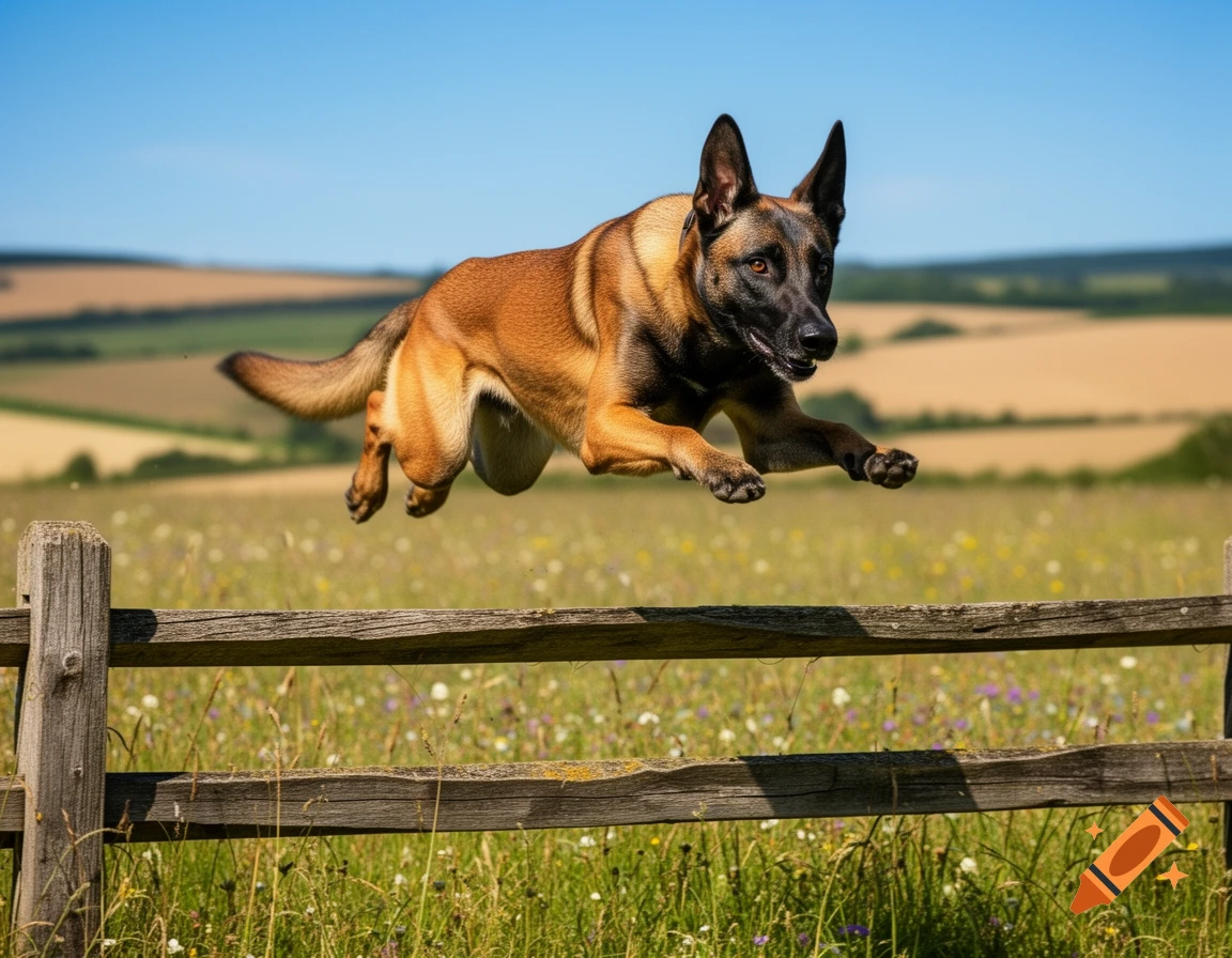 A tan and black Malinois dog leaps over a rustic wooden fence in a sunlit grassy field with distant hills under a clear blue sky.