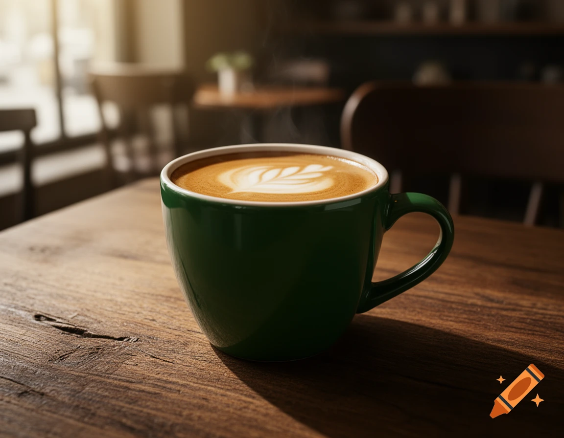 A close-up shot of a dark green coffee mug with latte art on a wooden table in a sunlit cafe.