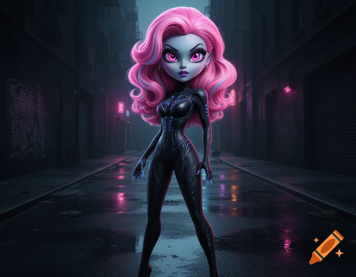 A stylized character with light blue skin, long pink hair, and glowing pink eyes, wearing a dark, form-fitting suit, stands in a dark, wet alleyway with neon purple lights.