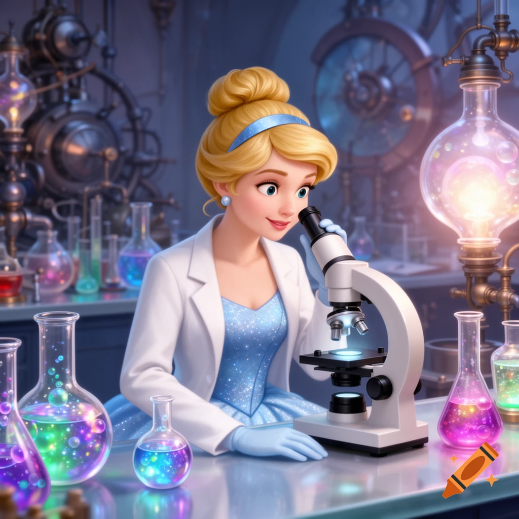Stylized image of Cinderella as a scientist in a lab, wearing a lab coat and blue gown, looking into a microscope.