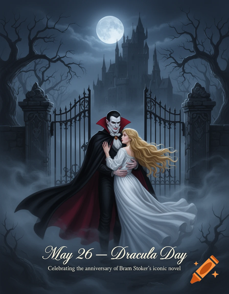 Gothic illustration of Count Dracula embracing a maiden in front of a castle gate under a full moon, with text 'May 26 ", ", Dracula Day'.