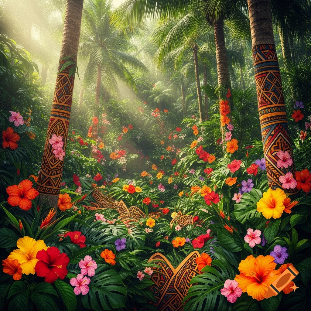 Lush tropical jungle with vibrant hibiscus flowers and palm trees featuring tribal patterns, bathed in rays of sunlight.