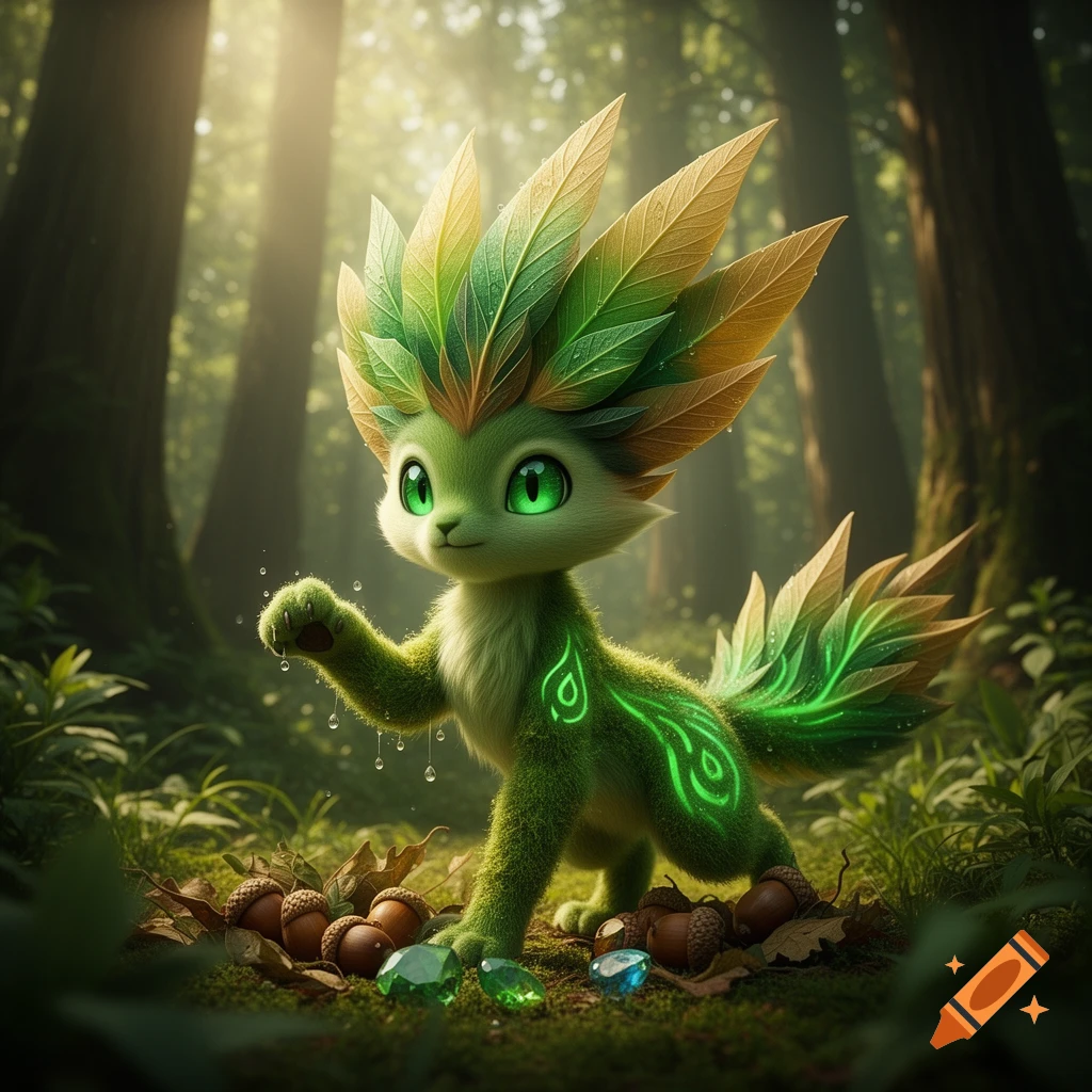 A cute green, leaf-covered fantasy creature with glowing markings stands on a sunlit forest floor among acorns and gems.