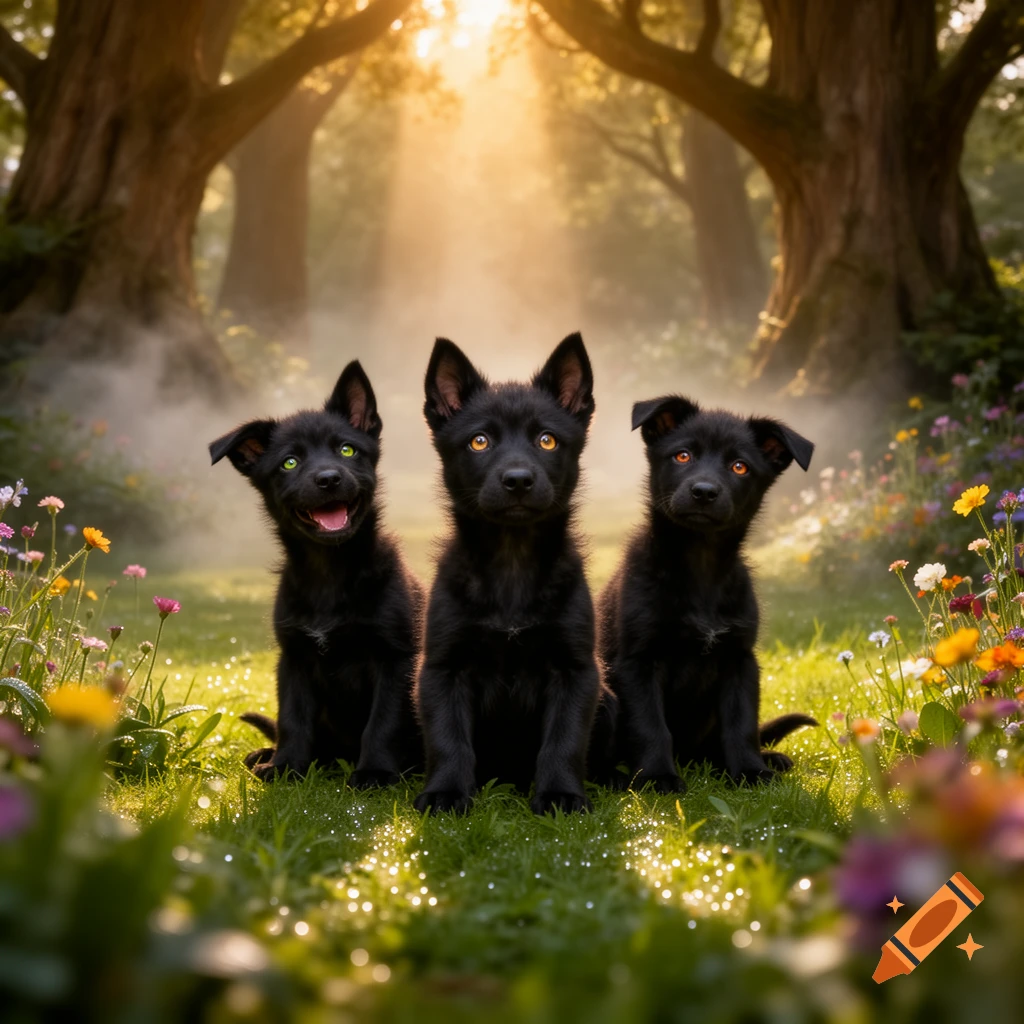Three adorable black puppies with colorful eyes sit in a sunlit, misty forest clearing amidst wildflowers, photorealistic style.