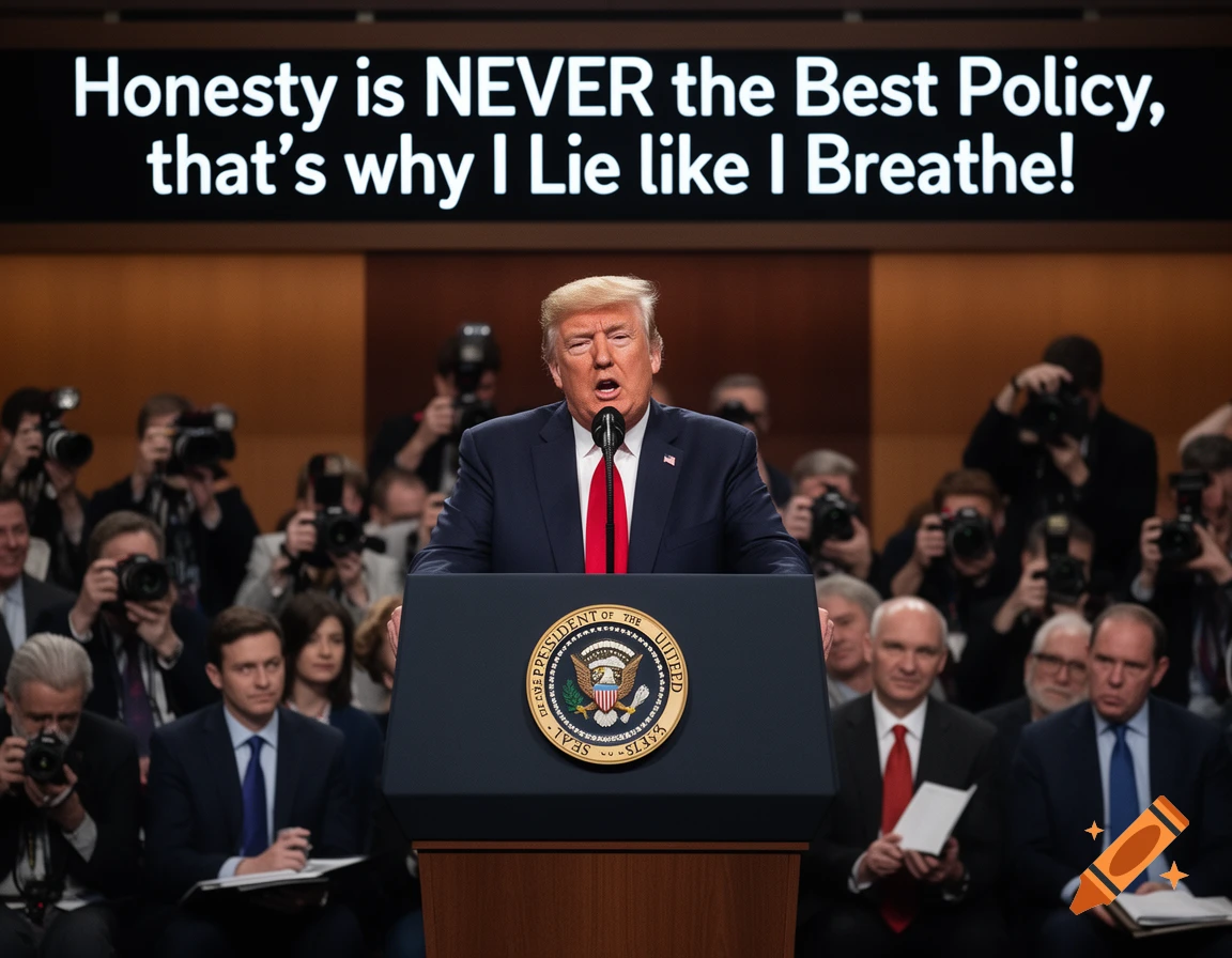 Donald Trump at a podium, speaking to reporters. A screen behind him displays: 'Honesty is NEVER the Best Policy, that's why I Lie like I Breathe!'.