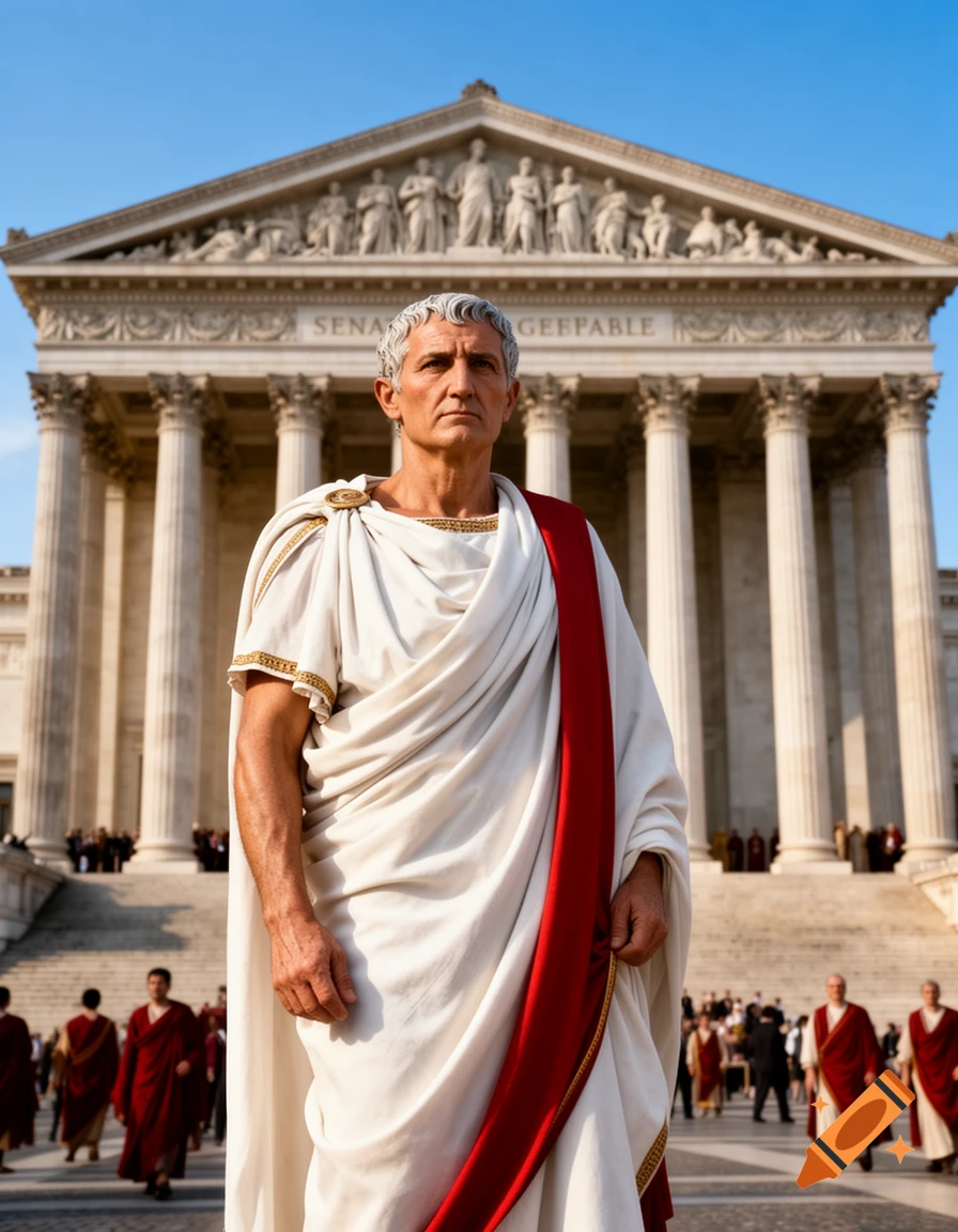 A man dressed as Caesar in a white toga with a red stripe stands in front of a grand classical building with columns.