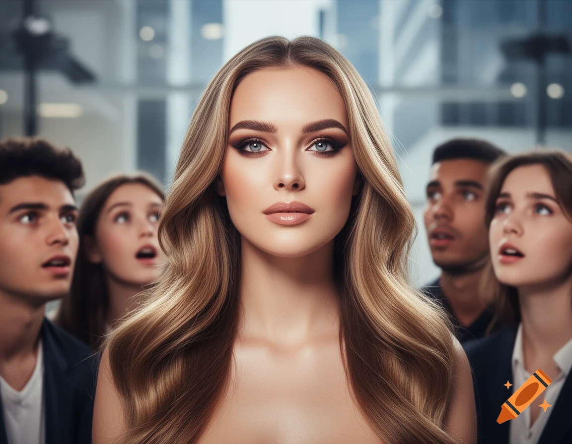 A stunning woman with perfect hair and heavy makeup stares forward, as four other people in the background look at her with expressions of awe and surprise.