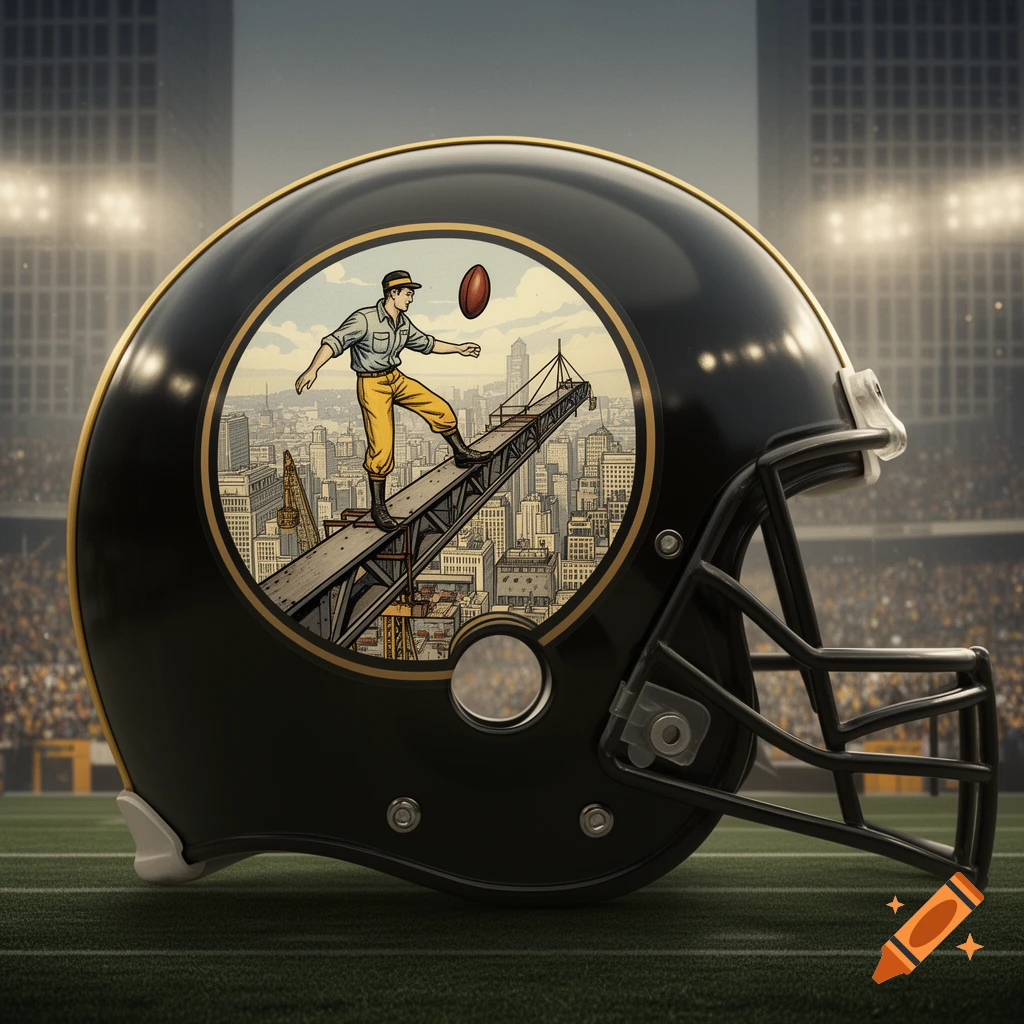 A black football helmet with gold trim on a field. Its side displays an old logo: a cartoon construction worker punting a football over a cityscape.