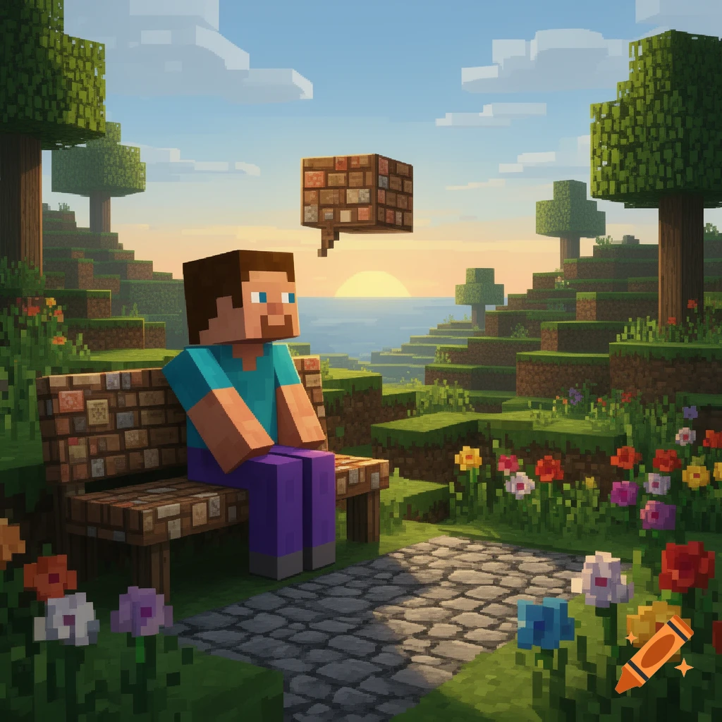 A pixelated Steve from Minecraft sits on a blocky bench in a lush, green landscape with flowers at sunset, with a brick-textured speech bubble above him.