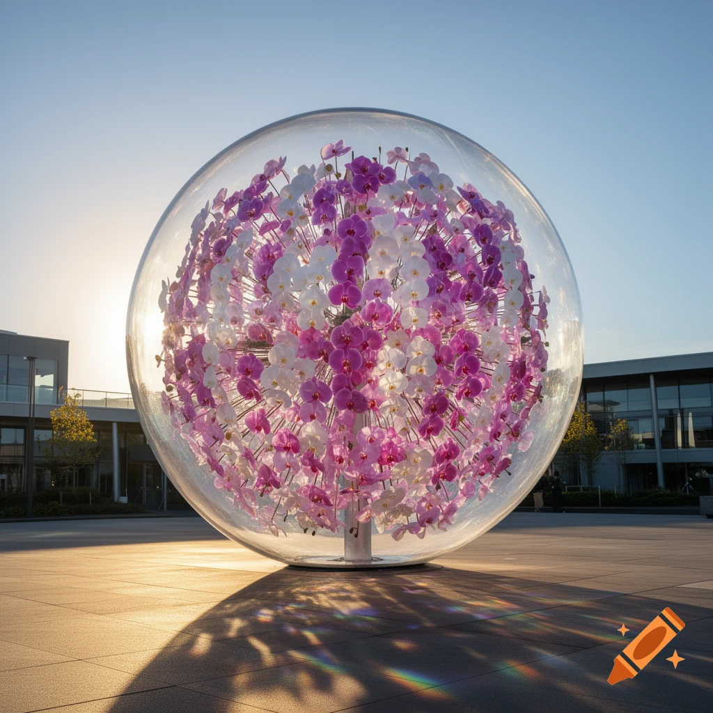 A large transparent sphere sculpture filled with vibrant pink and white orchids sits on a sunny plaza, casting a rainbow shadow.