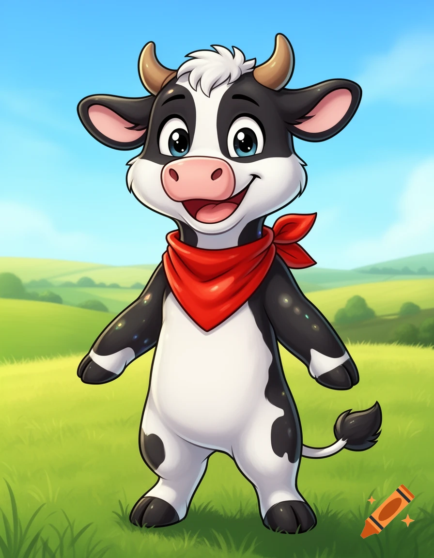 A happy, cartoonish cow mascot with black and white fur, blue eyes, and a red bandana stands in a green field.