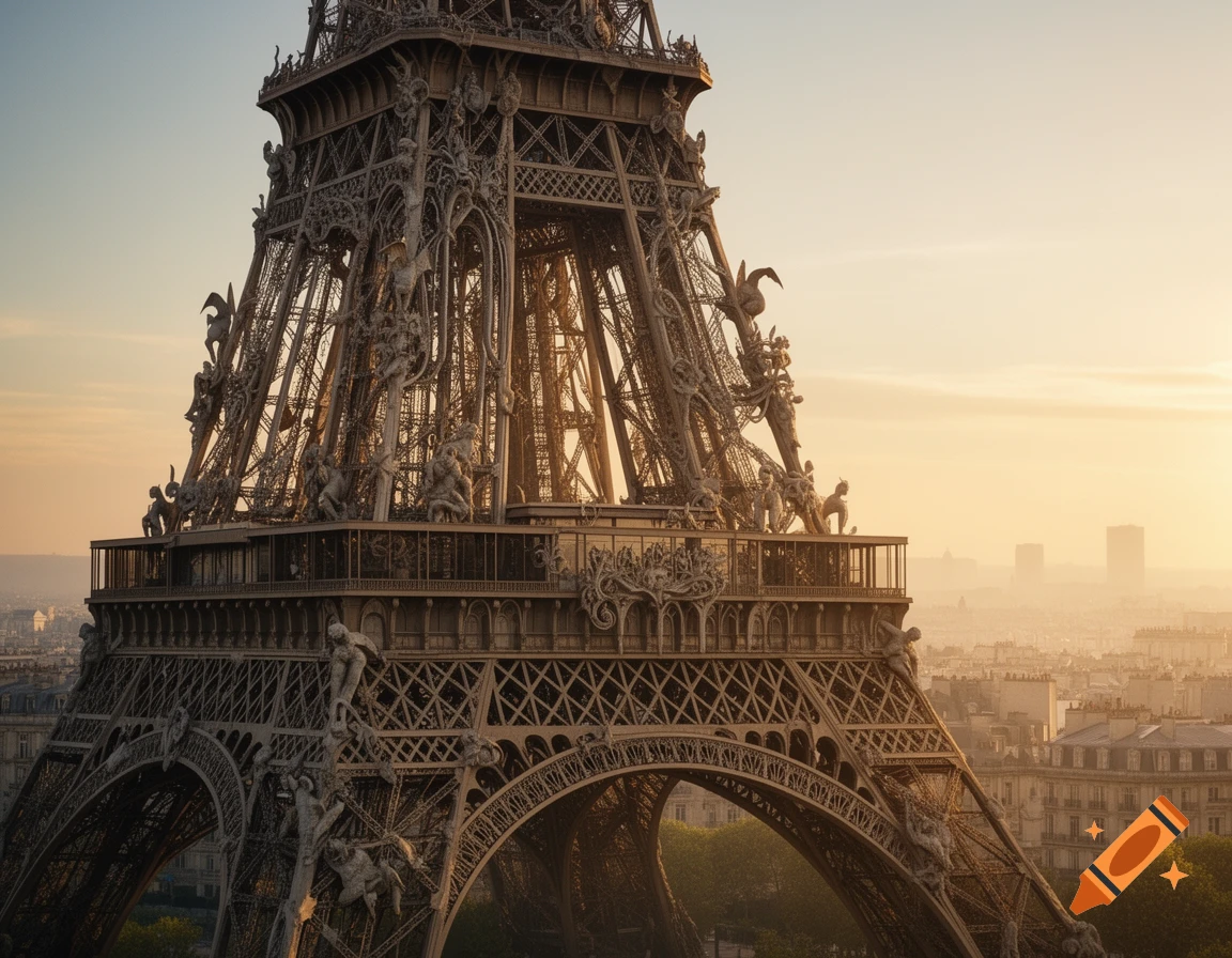 A detailed, gothic-style Eiffel Tower at sunset with a cityscape background, bathed in golden light.