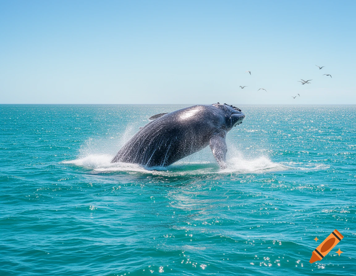 A photorealistic whale breaches in the sparkling blue ocean, creating a large splash under a clear sky with distant birds.
