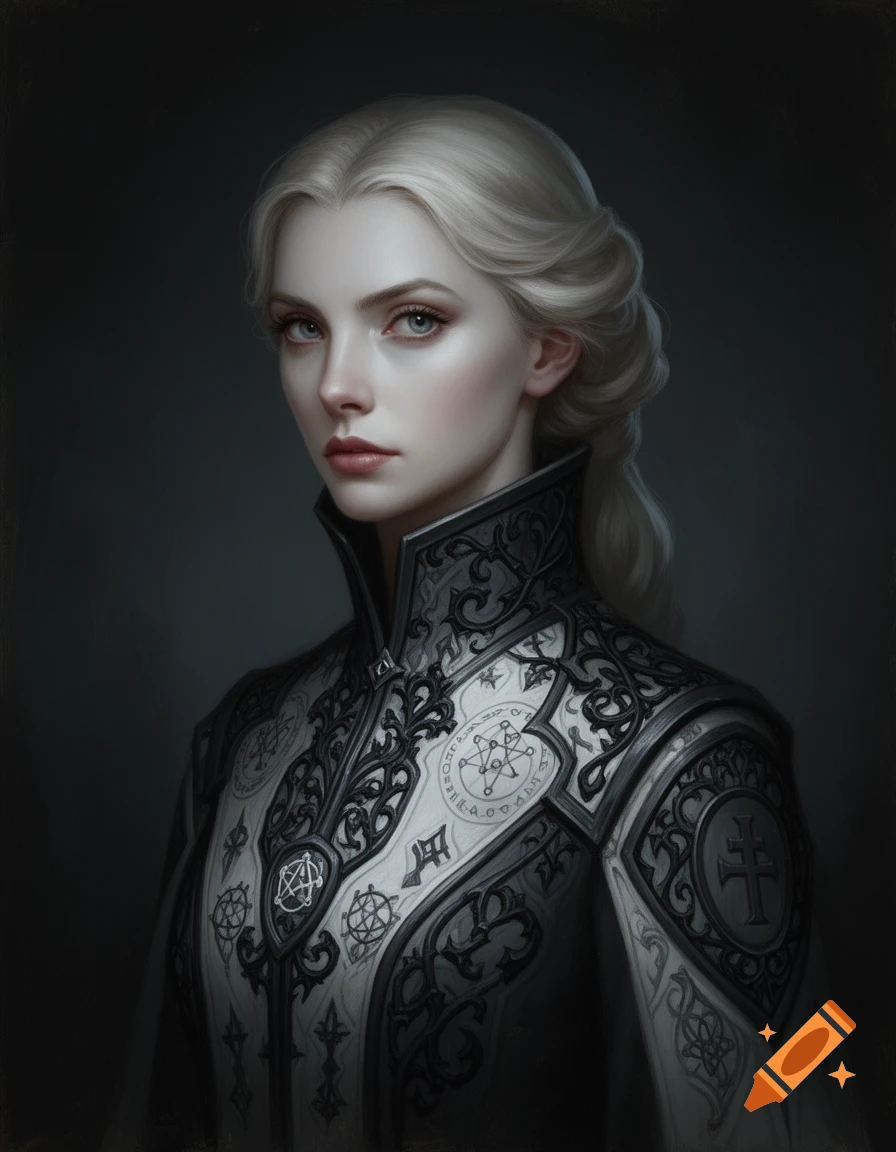 Portrait of a pale-skinned woman with platinum blonde hair, wearing an ornate dark fantasy robe, looking intensely.