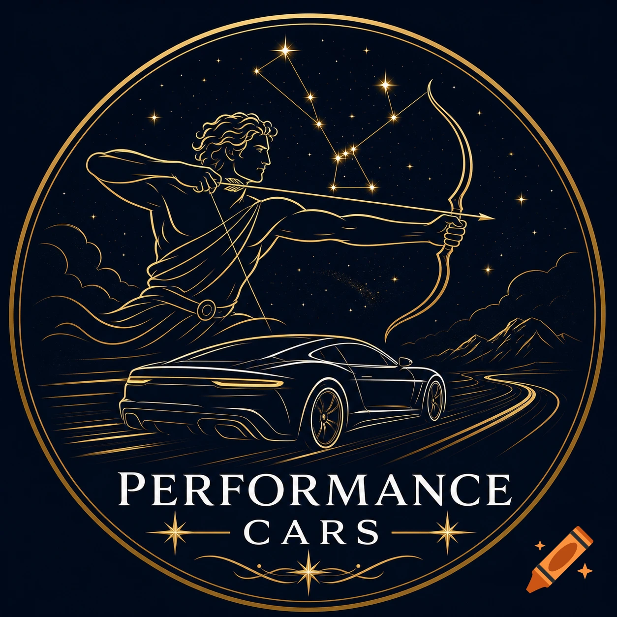 Gold line art logo with Orion the huntsman, a sports car, and the Orion constellation against a starry night. Text: 'PERFORMANCE CARS'.