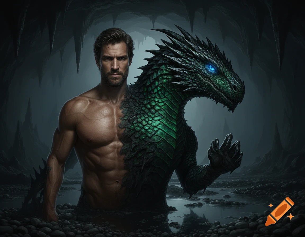 A photorealistic image of a muscular man transforming into a green dragon, standing in murky water inside a dark cave.